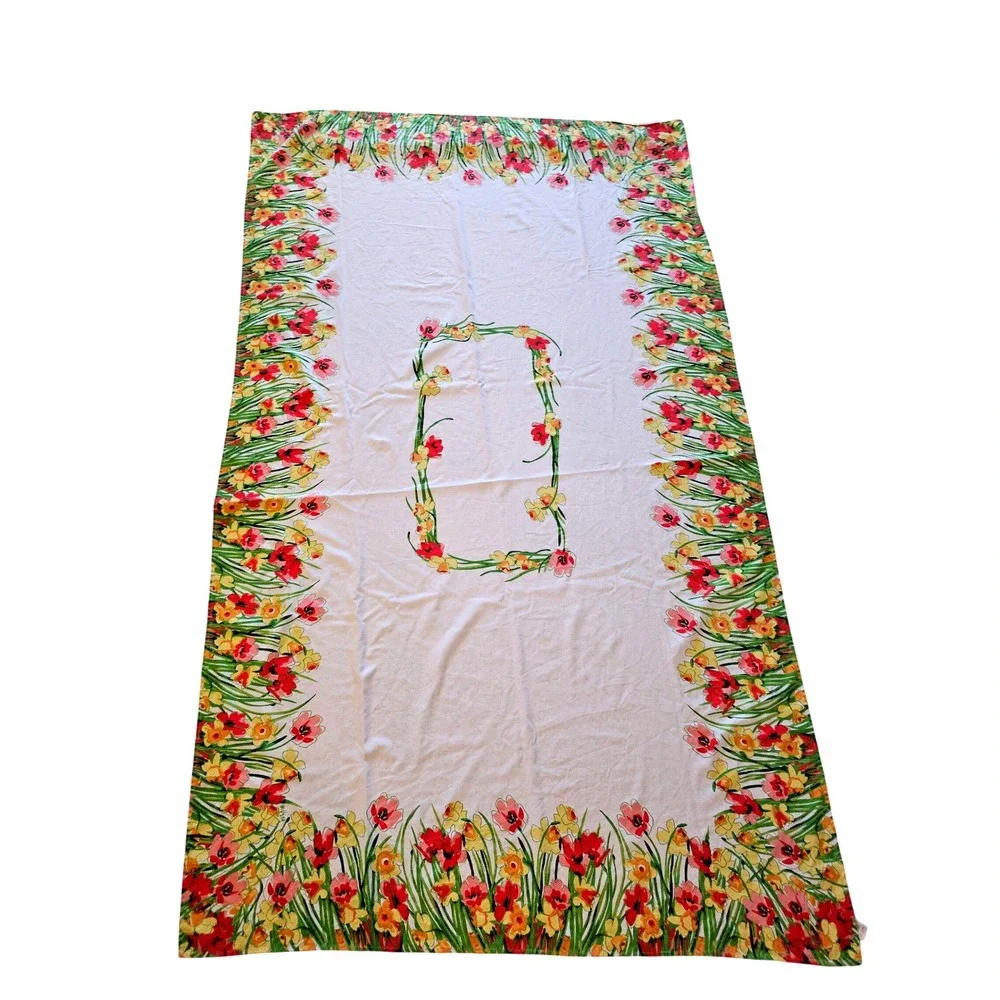 Vintage Vera Linen Tablecloth Floral Daffodil Tulip Print Rectangle 58x96‎